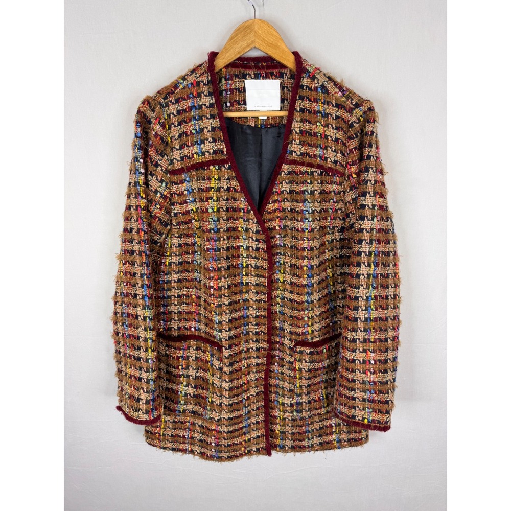 Anthropologie Harlequin Plaid Tweed Open Front Blazer Jacket L Ett Twa